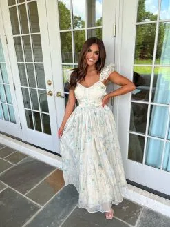 Organza Floral Maxi Dress-Cream/Green