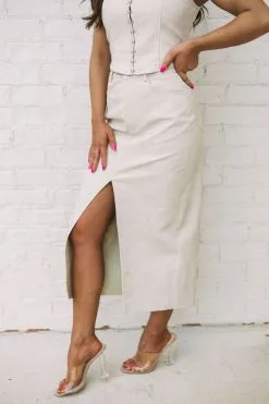 Leather Front Slit Midi Skirt- Vintage Cream -thesethreeboutique Sales Shop 6G9A2523