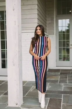 Striped Knit Midi Dress- Multicolored