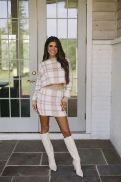 Plaid Knit Skirt Set-Beige/White