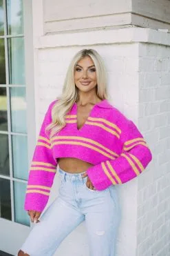 Bailey Striped Cropped Pullover-Fuchsia/Mustard