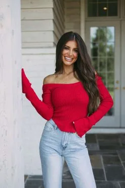 Basic Ribbed OTS Sweater-Red