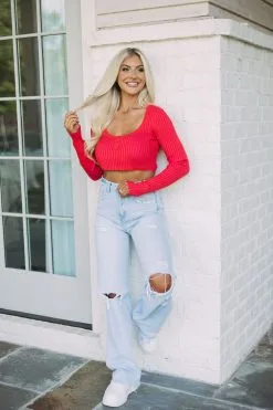 Snap Closure Cropped Sweater-Red/Pink