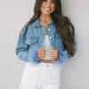 Faux Feather Trim Denim Jacket