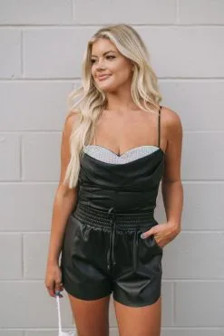 Rhinestone Accented Satin Top- Black