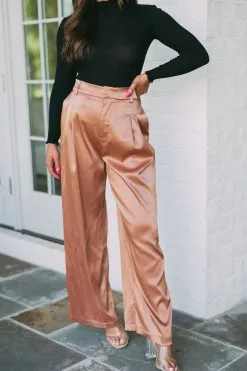 Avery High Rise Satin Pants- Brown
