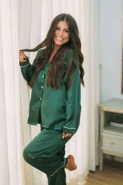 Satin Pajama Pants Set- Dark Green