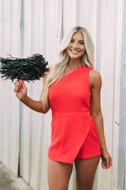 One Shoulder Overlay Romper- Red// PETITE