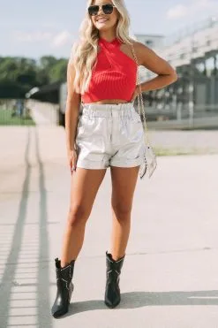 Metallic Paper Bag Shorts- Silver