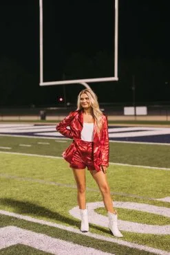 Metallic Blazer & Shorts Set-Red