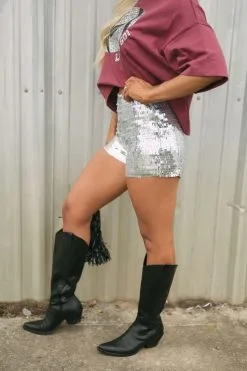 Embellished High Rise Shorts- Silver -thesethreeboutique Sales Shop DSC 2724