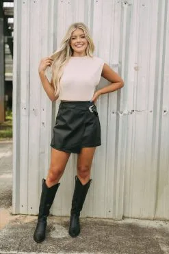 Side Buckle Faux Leather Skirt- Black