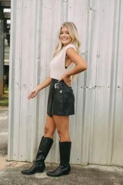 Side Buckle Faux Leather Skirt- Black -thesethreeboutique Sales Shop DSC 2935