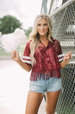 Sequin Jersey Top-Maroon
