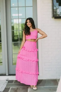 Summertime Eyelet Maxi Skirt Set-Hot Pink