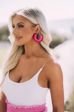 Circular Beaded Raffia Earrings- Fuchsia