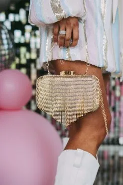Rhinestone Fringe Clutch- Gold