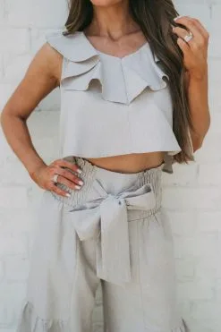 Ramie Ruffled Top-Dark Oatmeal -thesethreeboutique Sales Shop DSC 3913 9446f682 c293 4674 957b dd6d49d612ec