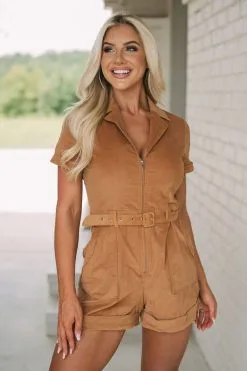 Addison Suede Romper- Camel