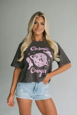 Cropped Cosmic Cowgirl Tee- Charcoal