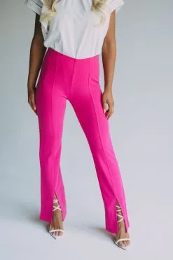 Front Slit Stretchy Pants- Fuchsia Pink
