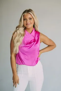 Satin Cowl Neck Sleeveless Top-Magenta