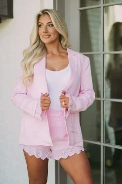 Lace Cuff Linen Blazer- Pink