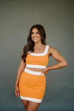 Retro Color Block Skirt Set- Orange/White
