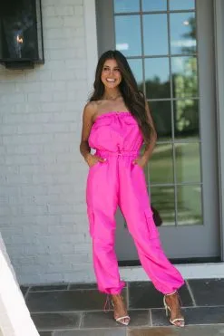 Nylon Cargo Jumpsuit-Neon Pink