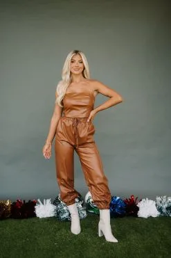 Johanna Faux Leather Joggers-Brown