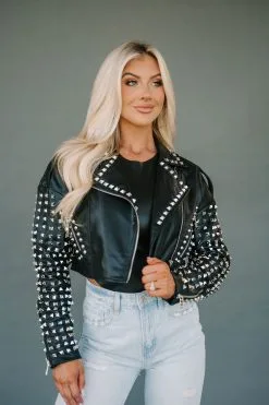 Studded Faux Leather Jacket- Black