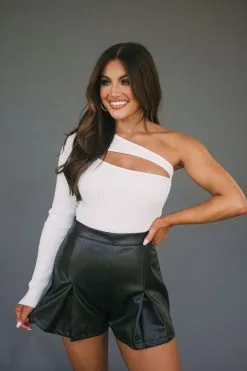 One Shoulder Ribbed Cut Out Top-White