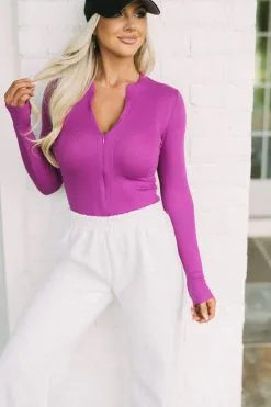 Quarter Zip Ribbed Top-Orchid