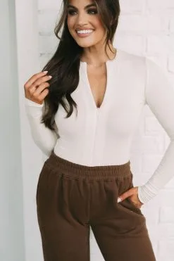 Quarter Zip Ribbed Top-Ecru