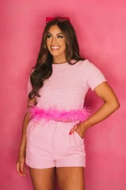 Fran Tweed Feather Trim Top-Pink