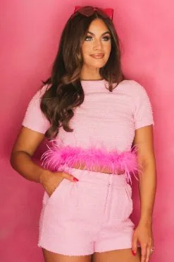 Fran Tweed Feather Trim Top-Pink -thesethreeboutique Sales Shop DSC 8735 605190d0 f5ec 44d1 bd6c 29b66517457d