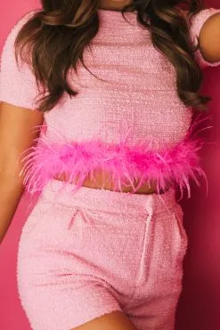 Fran Tweed Feather Trim Top-Pink -thesethreeboutique Sales Shop DSC 8747 2d66e6a0 dbfc 4534 b016 08444eb812b6