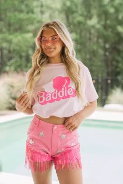 Twill Star Sequin Shorts-Pink -thesethreeboutique Sales Shop DSC 9389