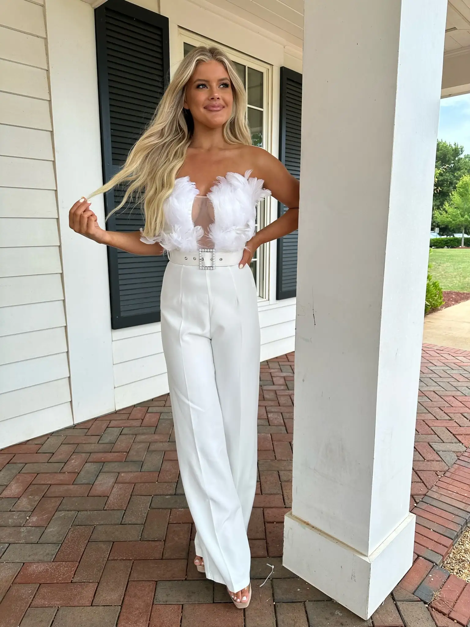 Belted Feather Accented Jumpsuit 5 Belted Feather Accented Jumpsuit - Image 3