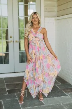 Tahiti Pleated Midi Dress- Pink Mix