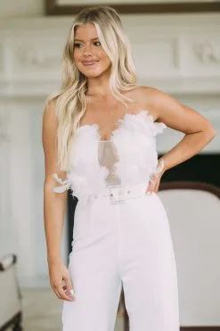 Belted Feather Accented Jumpsuit 14 Belted Feather Accented Jumpsuit -thesethreeboutique Sales Shop image 46781a26 6a20 4dca bc5a cfa29f50802a