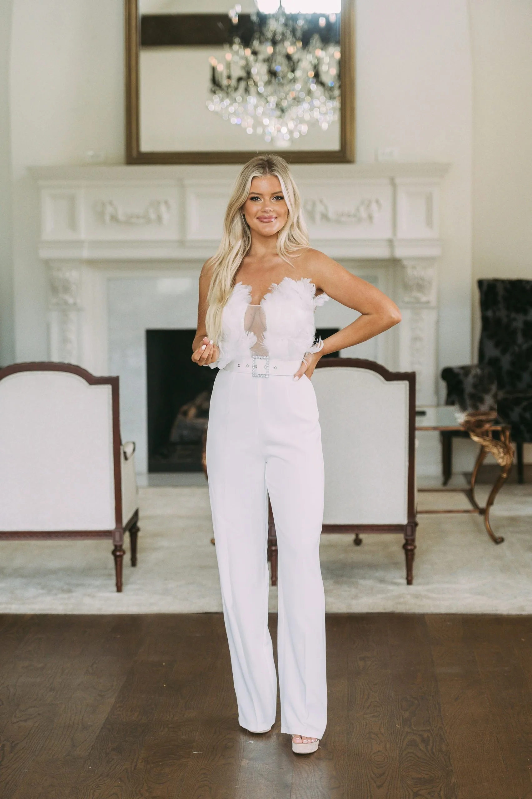 Belted Feather Accented Jumpsuit 3 Belted Feather Accented Jumpsuit